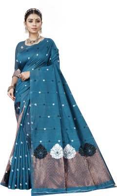 RuhMish Woven Mekhela Chador Cotton Silk Saree(Blue)