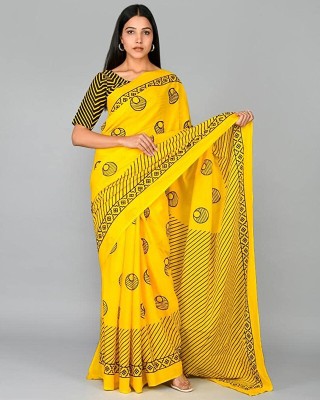 Vanedik Floral Print, Blocked Printed, Color Block, Printed Daily Wear Pure Cotton Saree(Yellow)