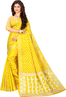 HARE KRISHNA ENTERPRISE Printed Handloom Cotton Silk Saree(Yellow)