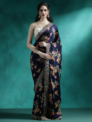 Sangria Embroidered Daily Wear Silk Blend Saree(Dark Blue)
