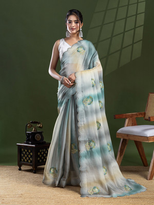 Tasrika Floral Print Bollywood Organza Saree(Grey)