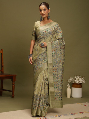 ANOUK Digital Print Hand Batik Satin, Silk Blend Saree(Light Green)