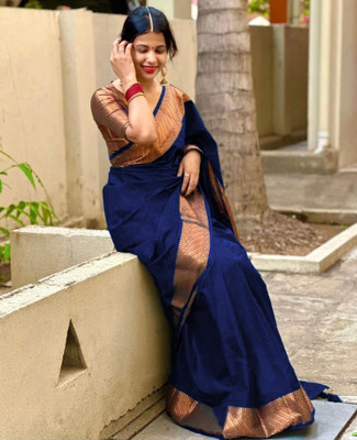 ANIRAV Printed Banarasi Cotton Silk, Jacquard Saree(Blue)