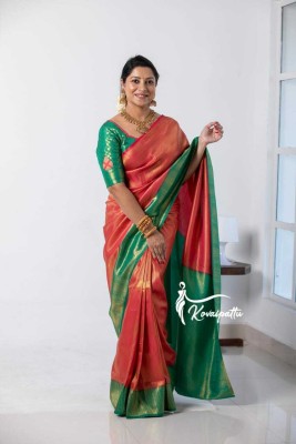 cosfic Embellished, Woven Banarasi Jacquard, Pure Silk Saree(Red, Green)