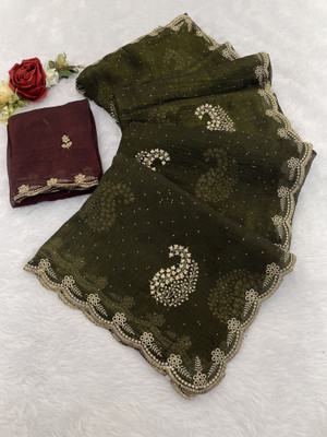 Ethina Fashion Embroidered Bollywood Crepe Saree(Light Green)