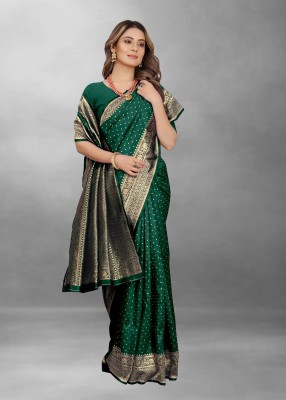 Hinayat Fashion Self Design, Printed, Embroidered, Woven, Embellished Kanjivaram Silk Blend, Jacquard Saree(Green)