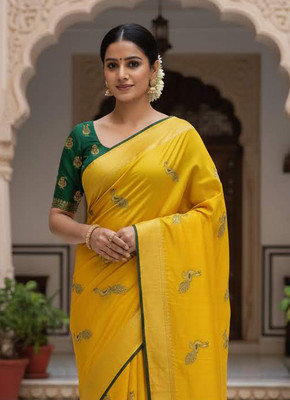 Anugrah Textile Embroidered Banarasi Lycra Blend, Chiffon Saree(Yellow, Green)