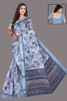 PRIDHY Printed Daily Wear Cotton Linen, Linen Saree(Light Blue)