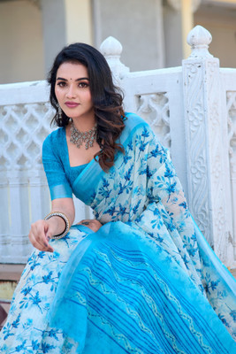 ShivGori Printed Bollywood Linen Saree(Light Blue)