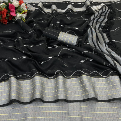Vikash fab Embroidered Chettinadu Linen Saree(Black)