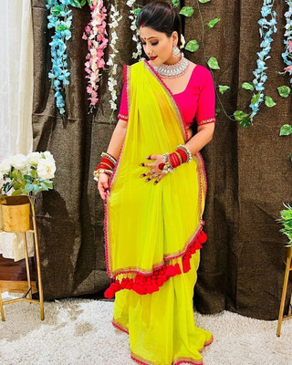 S.R.TEXTILES Printed Chanderi Cotton Silk Saree(Yellow)