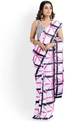 Tropwear Printed Ikkat Pure Cotton Saree(White)