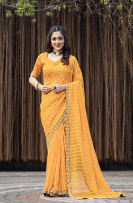 FAIRYPINK Embellished, Geometric Print, Solid/Plain, Self Design, Checkered Bollywood Georgette Saree(Yellow)