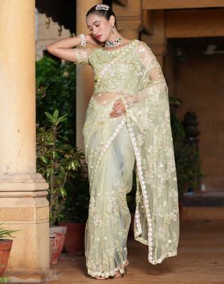 Divastri Embroidered, Embellished Bollywood Net Saree(Light Green)
