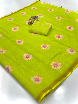 SDGRATITUDE Floral Print Bollywood Linen, Cotton Linen Saree(Light Green)