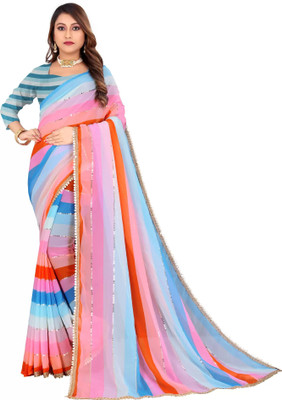 Dharmik Fashion Studio Printed, Digital Print, Striped Bollywood Net Saree(Multicolor)