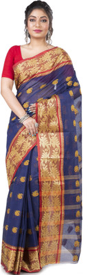 PuJoy Self Design, Woven Tant Pure Cotton Saree(Dark Blue)