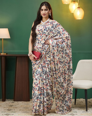 Satrani Geometric Print, Printed Daily Wear Crepe, Satin Saree(Multicolor, White)