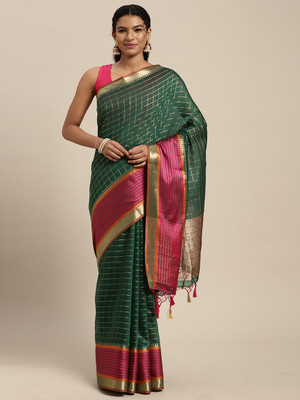 MIMOSA Checkered Banarasi Art Silk Saree(Green)