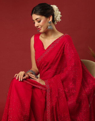 Samah Embroidered, Solid/Plain Bollywood Jimmy choo, Chiffon Saree(Red)