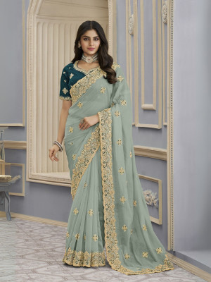 odette Embroidered Saree with Attached Blouse Georgette Saree(Pack of 2, Green)