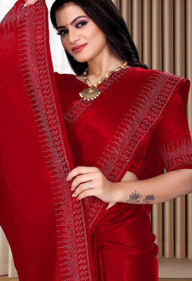 pari creation Solid/Plain, Embellished, Dyed Bollywood Georgette Saree(Red)