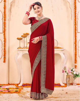 Satrani Embroidered, Embellished Bollywood Silk Blend Saree(Red)