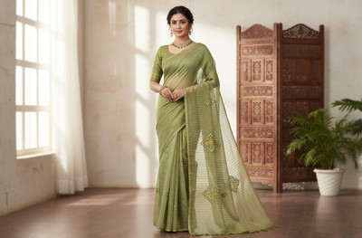 Loop&Lux Floral Print Bollywood Organza Saree(Green)