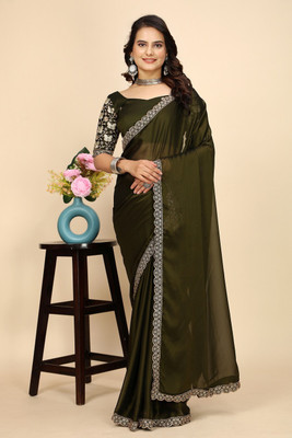 K 5 FASHION Self Design, Solid/Plain, Embroidered Bollywood Chiffon Saree(Light Green)