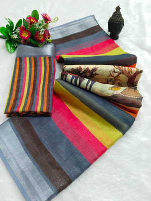 HangerStories Woven Bollywood Linen, Cotton Linen Saree(Multicolor)