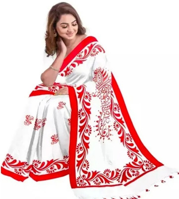 Happy Creation Woven Jamdani Cotton Blend Saree(White, Red)