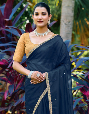 Samah Dyed, Embellished, Self Design Bollywood Net, Lace Saree(Blue)