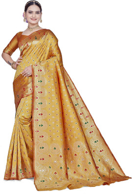 SHRIMAY Self Design Banarasi Silk Blend, Art Silk Saree(Gold)