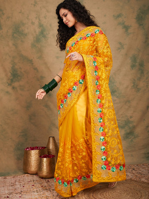 manvaa Embroidered Bollywood Net Saree(Yellow)