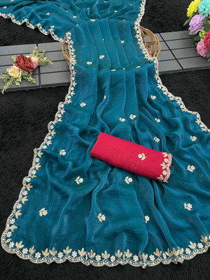 Zari and Ziba Embroidered Bollywood Jimmy choo Saree(Dark Blue)