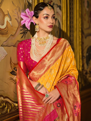 ANOUK Woven Banarasi Silk Blend Saree(Yellow)