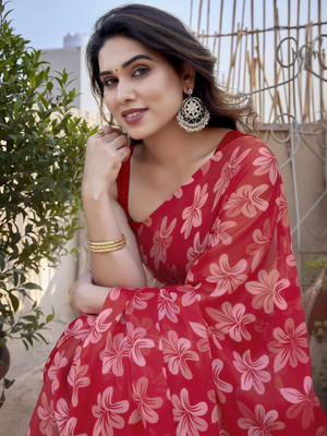 MIRCHI FASHION Printed Daily Wear Chiffon, Georgette Saree(Red)
