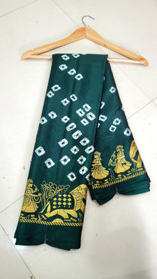 SkyCraftX Animal Print, Blocked Printed Bandhani Crepe, Silk Blend Saree(Dark Green, Green)