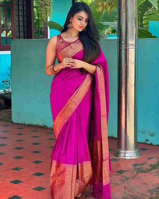 Rudr Ventures Embroidered Banarasi Silk Blend Saree(Pink)