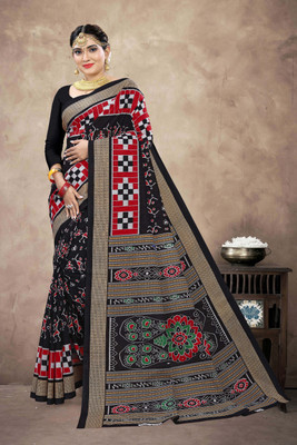 ETHNIC ODISHA HANDLOOM Printed Sambalpuri Pure Cotton Saree(Black)