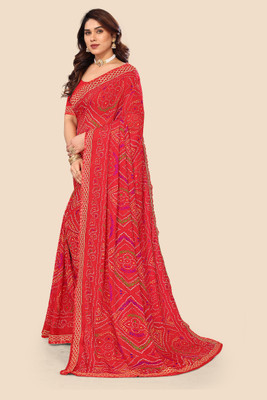 Kanooda Prints Printed Bandhani Georgette Saree(Red)