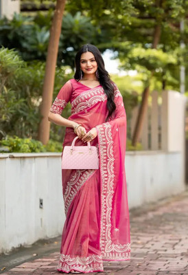 RamKrupa Creation Embroidered Bollywood Net Saree(Pink)