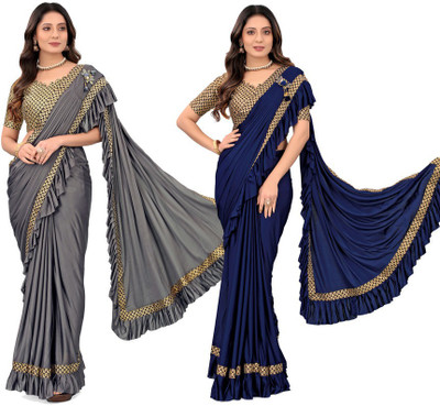 HARIOM FASHION Solid/Plain Bollywood Lycra Blend Saree(Pack of 2, Multicolor)