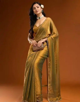 ONeCulture Solid/Plain Bollywood Chiffon Saree(Gold)