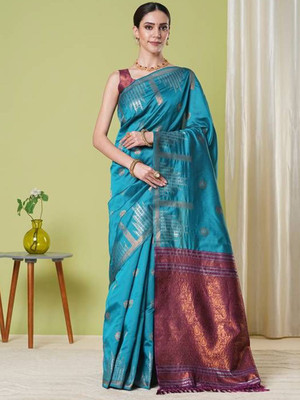 HERE&NOW Woven Banarasi Art Silk Saree(Blue)