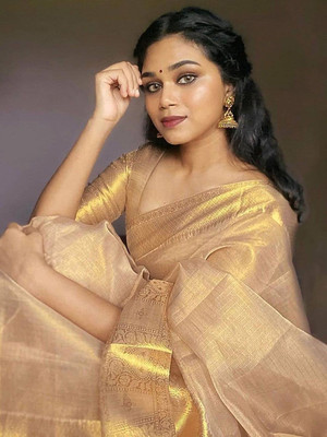 VILLAGIUS Embellished Banarasi Handloom Tissue Saree(Beige)