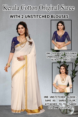 Gugaliya Embellished Kasavu Pure Cotton Saree(Multicolor)
