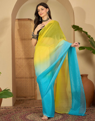 Satrani Ombre, Solid/Plain Bollywood Chiffon, Georgette Saree(Yellow, Blue)