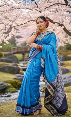 Tilfelle Woven, Geometric Print, Self Design, Temple Border Sambalpuri Silk Blend Saree(Blue)