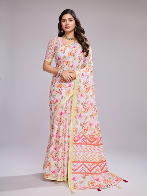 SHRIMAY Digital Print, Floral Print Bollywood Cotton Linen Saree(Multicolor, White)